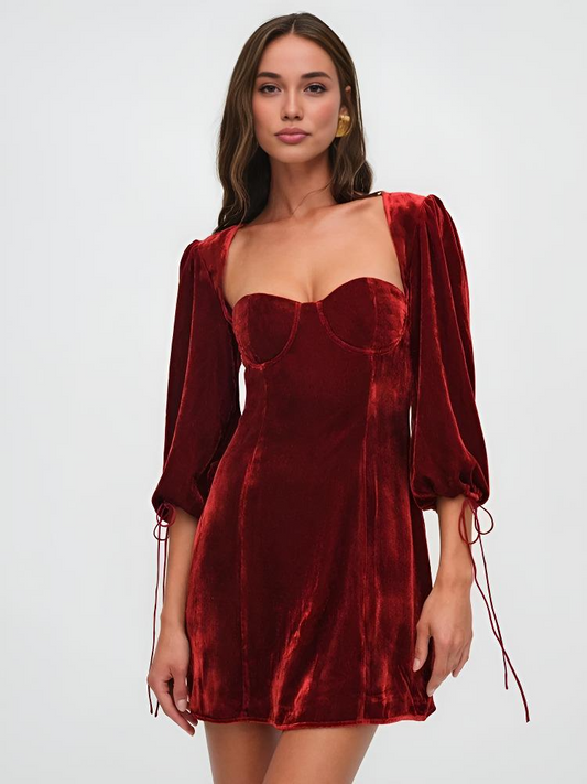 Dress for Women – Velvet Mini Dress – Slim Fit – Puff Sleeves – Sweetheart Neckline