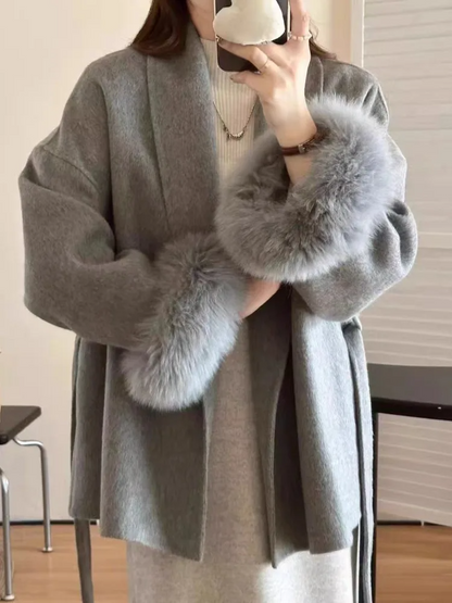 Women's Coat – Wool – Relaxed Fit – Belted Waist – Fur-Trimmed Collar and Cuffs