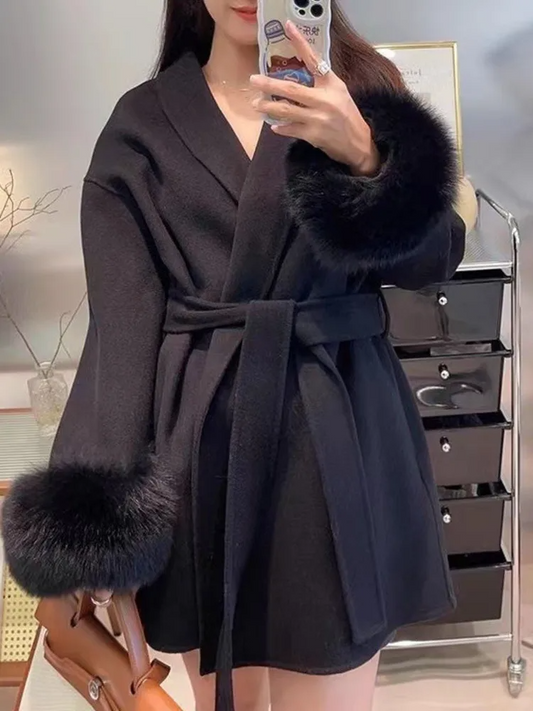 Women's Coat – Wool – Relaxed Fit – Belted Waist – Fur-Trimmed Collar and Cuffs