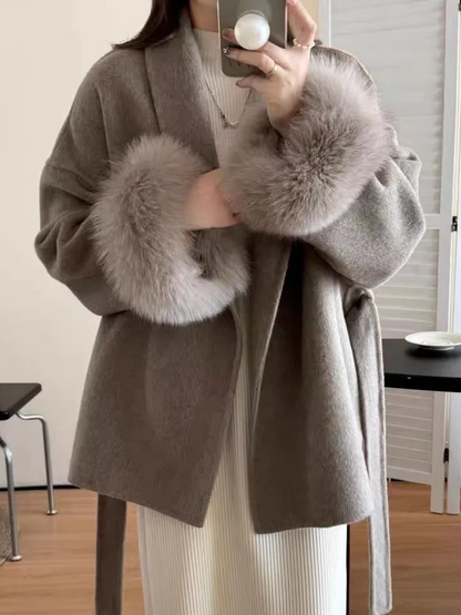 Women's Coat – Wool – Relaxed Fit – Belted Waist – Fur-Trimmed Collar and Cuffs