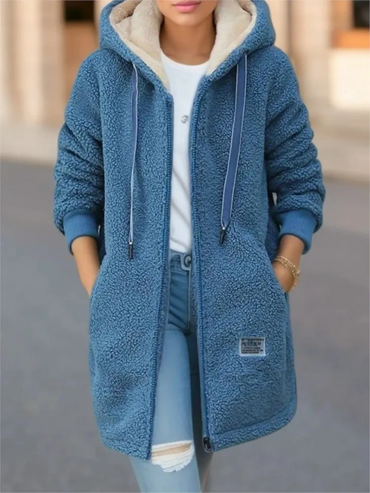 Women's Coat – Mid-Length Loose Fit – Hood with Drawstring – Soft Fleece with Zipper