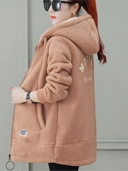 Women's Coat – Mid-Length Loose Fit – Hood with Drawstring – Soft Fleece with Zipper
