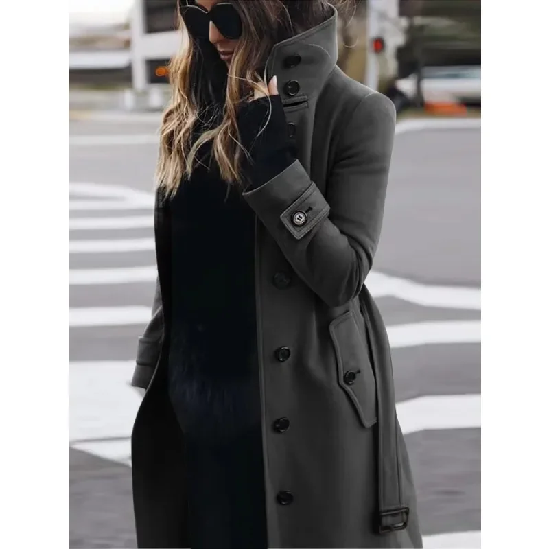 Women's Coat – Wool – Slim Fit – Single Breasted – Long Sleeves – Stand Collar – Long Model