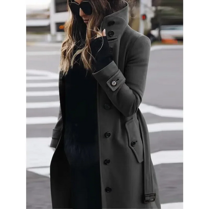 Women's Coat – Wool – Slim Fit – Single Breasted – Long Sleeves – Stand Collar – Long Model