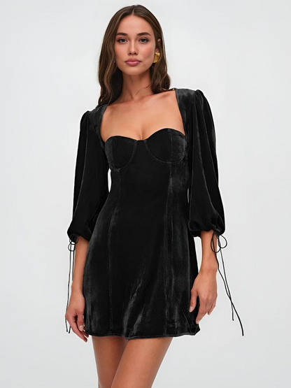 Dress for Women – Velvet Mini Dress – Slim Fit – Puff Sleeves – Sweetheart Neckline