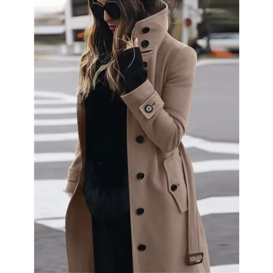 Women's Coat – Wool – Slim Fit – Single Breasted – Long Sleeves – Stand Collar – Long Model