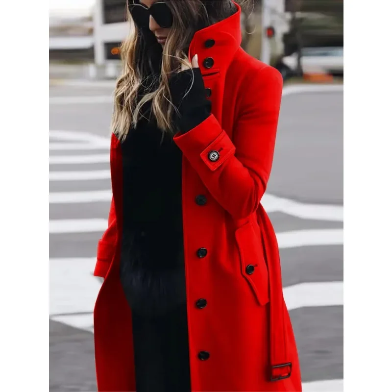 Women's Coat – Wool – Slim Fit – Single Breasted – Long Sleeves – Stand Collar – Long Model
