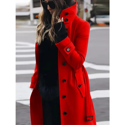 Women's Coat – Wool – Slim Fit – Single Breasted – Long Sleeves – Stand Collar – Long Model