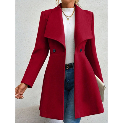 Women’s Coat - Wool Blend - Tailored Fit - Mid-Thigh Length - Wide Lapel Collar