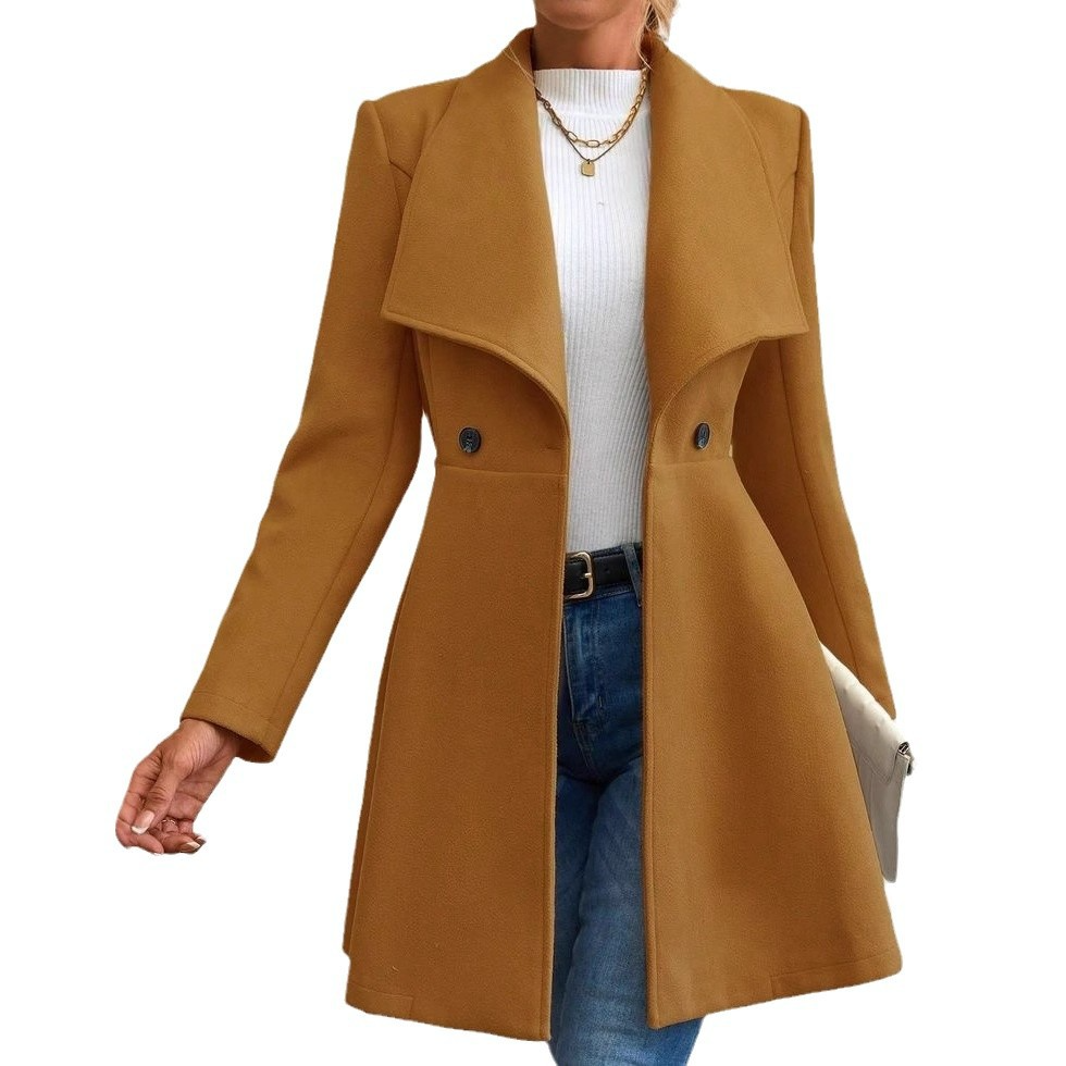 Women’s Coat - Wool Blend - Tailored Fit - Mid-Thigh Length - Wide Lapel Collar