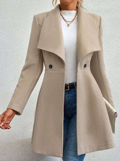 Women’s Coat - Wool Blend - Tailored Fit - Mid-Thigh Length - Wide Lapel Collar