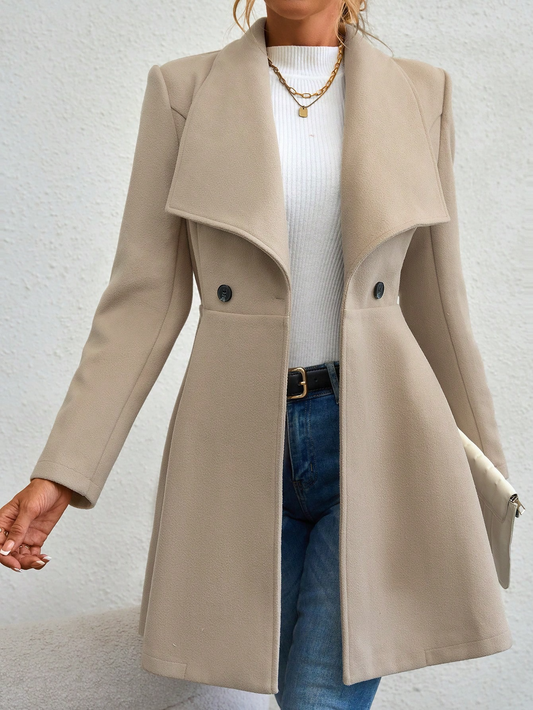 Women’s Coat - Wool Blend - Tailored Fit - Mid-Thigh Length - Wide Lapel Collar