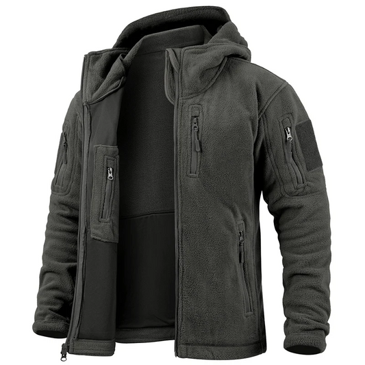 Men's Fleece Jacket – Tactical Fit – Hood – Zipper – Multiple Pockets – Breathable