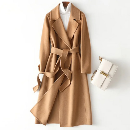 Women's Coat – Wool – Long Fit – Open Front – Belted Waist Elegant Details