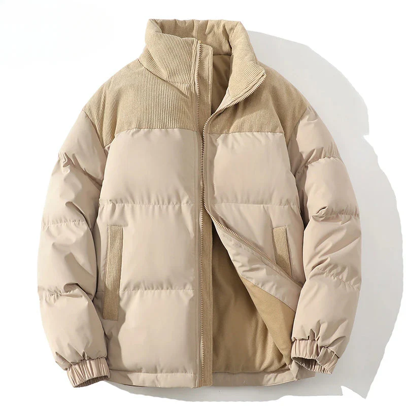 Men’s Puffer Jacket - Quilted Insulation - Ribbed Corduroy Yoke - Hip Length - Elastic Cuffs