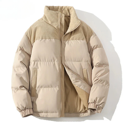 Men’s Puffer Jacket - Quilted Insulation - Ribbed Corduroy Yoke - Hip Length - Elastic Cuffs