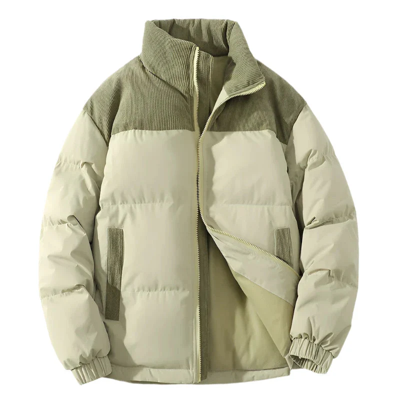 Men’s Puffer Jacket - Quilted Insulation - Ribbed Corduroy Yoke - Hip Length - Elastic Cuffs