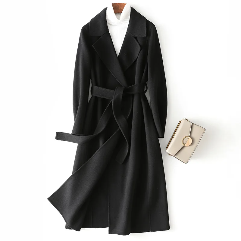 Women's Coat – Wool – Long Fit – Open Front – Belted Waist Elegant Details