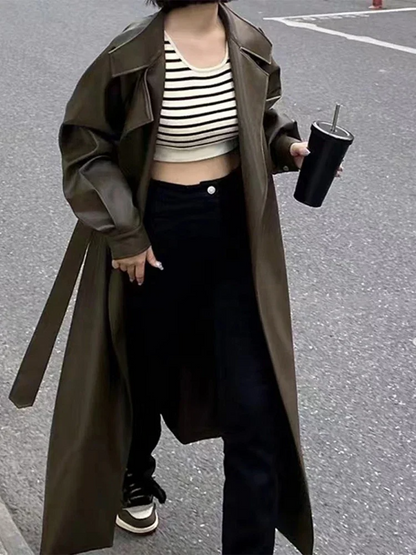 Women's Long Coat – Tailored Fit – Faux Leather – Classic Lapel – Ankle Length