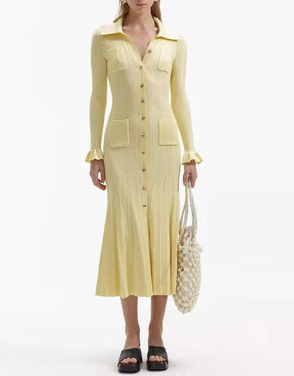 Women's Maxi Dress – Ribbed Knit – Tailored Fit – Long Sleeves – Shirt Collar – Button Closure