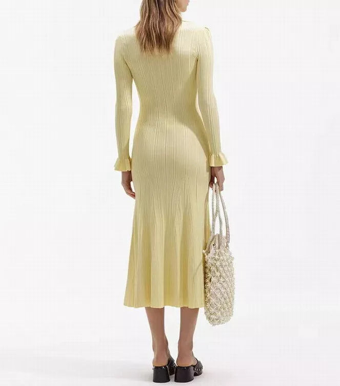 Women's Maxi Dress – Ribbed Knit – Tailored Fit – Long Sleeves – Shirt Collar – Button Closure