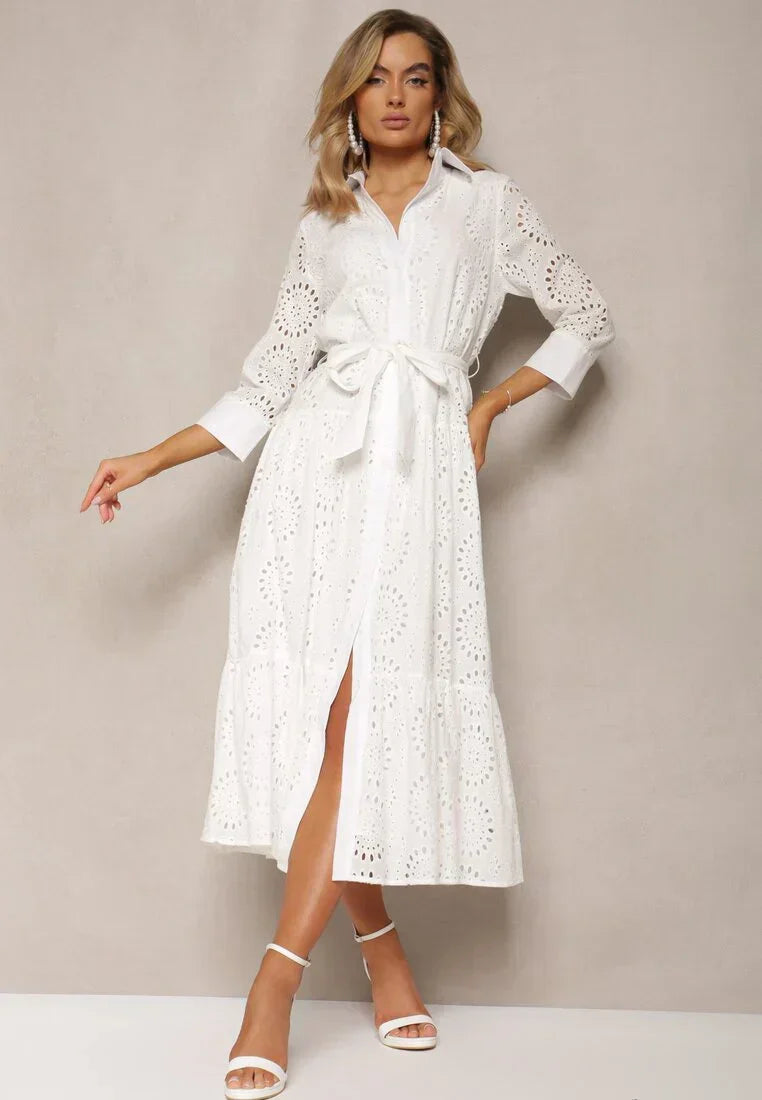 Dame Midikjole – Broderie Anglaise – Afslappet Pasform – Bælte – Knaplukning