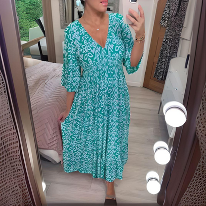 Women's Maxi Dress – Boho Pattern – V-neck – 3/4 Sleeves – Loose Fit – Lightweight and Breathable