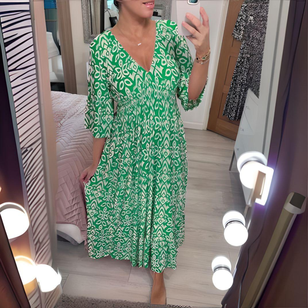 Women's Maxi Dress – Boho Pattern – V-neck – 3/4 Sleeves – Loose Fit – Lightweight and Breathable