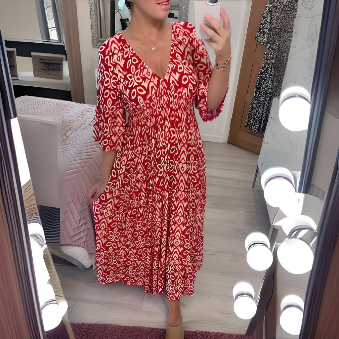 Women's Maxi Dress – Boho Pattern – V-neck – 3/4 Sleeves – Loose Fit – Lightweight and Breathable