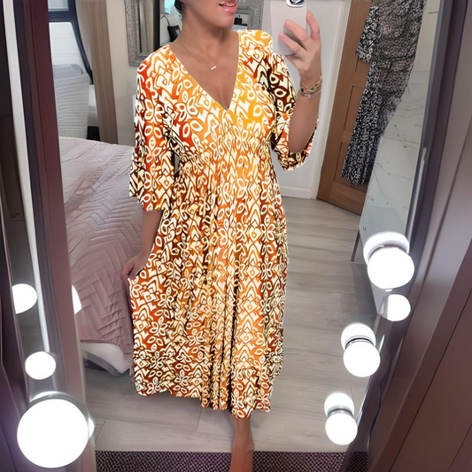 Women's Maxi Dress – Boho Pattern – V-neck – 3/4 Sleeves – Loose Fit – Lightweight and Breathable