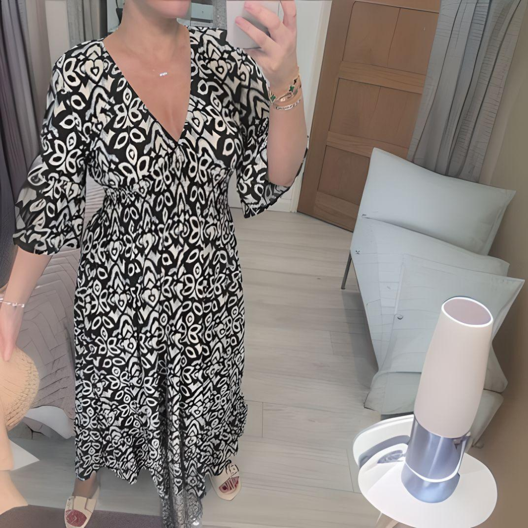 Women's Maxi Dress – Boho Pattern – V-neck – 3/4 Sleeves – Loose Fit – Lightweight and Breathable
