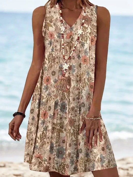 Women's Sleeveless Short Dress – Relaxed Fit – V-Neck – Floral Print – Breathable Blend