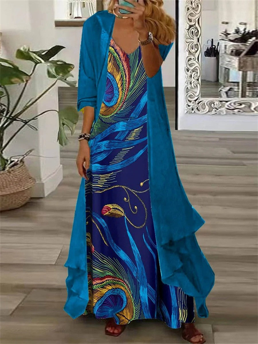 Women's Maxi Dress – Loose Fit – V-Neck – Two-Piece Set with Abstract Pattern