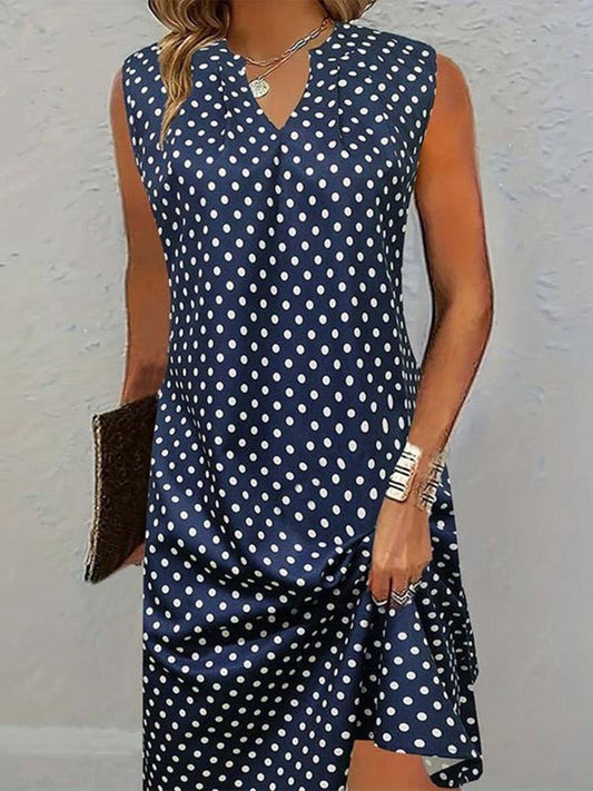 Women's Midi Dress – Relaxed Fit – V-Neck – Sleeveless – Polka Dots – Breathable Blend