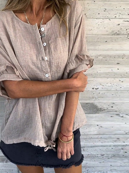 Women's Blouse – Relaxed Fit – Ruffle Sleeves – Round Neck – Natural Fibers – Adjustable Hem