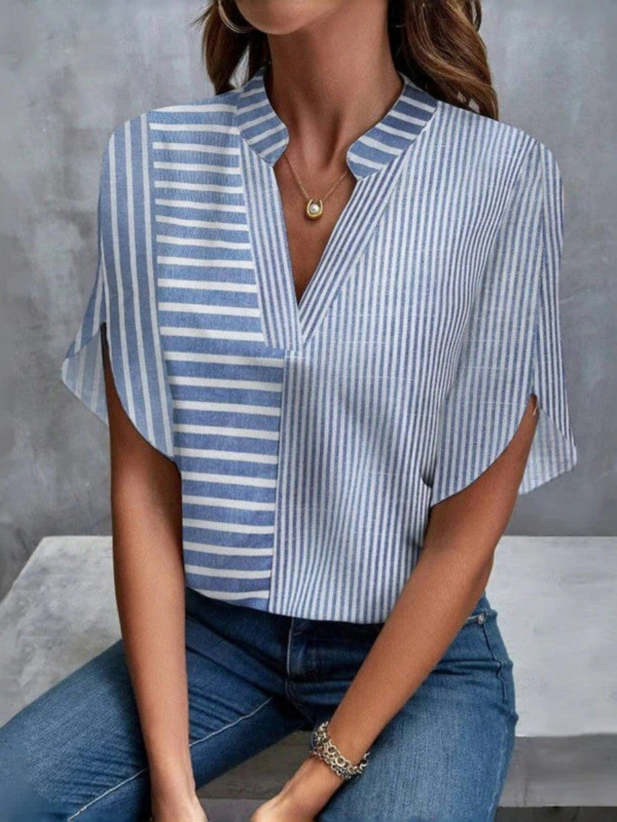 Women's Blouse – Relaxed Fit – V-Neck with Mandarin Collar – Striped – Breathable Comfort