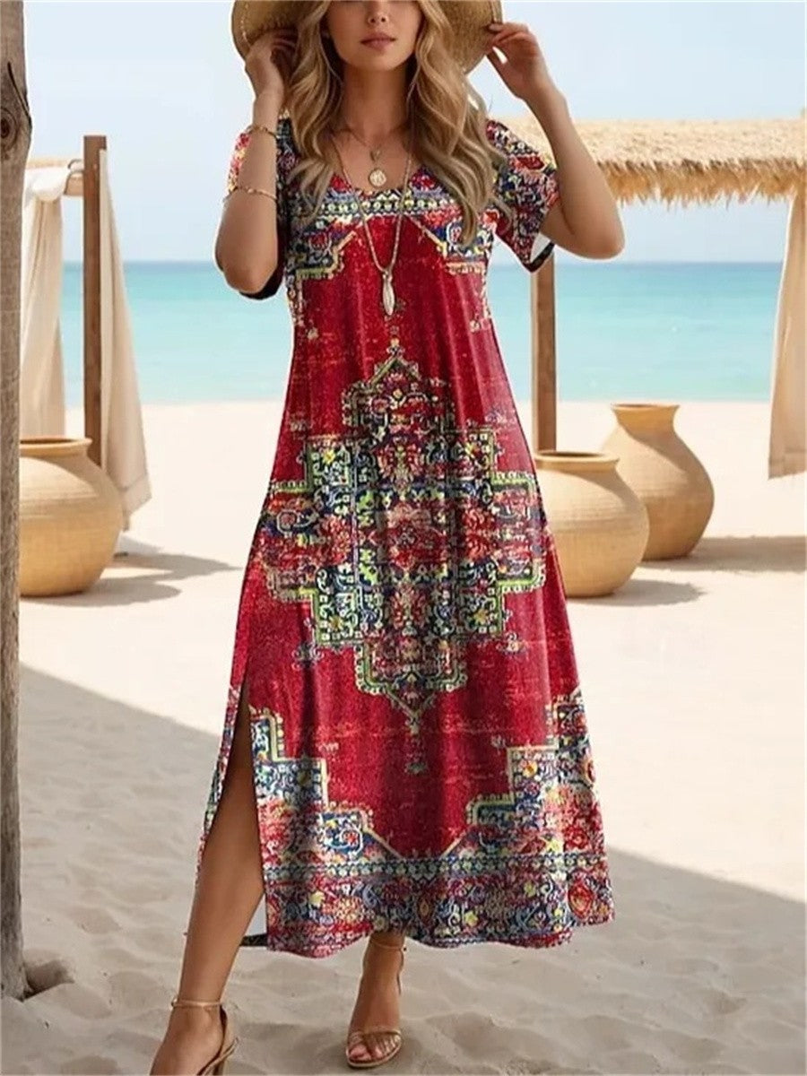 Women's Midi Dress – Vintage Floral Pattern – Breathable Material – Relaxed Fit – Short Sleeves