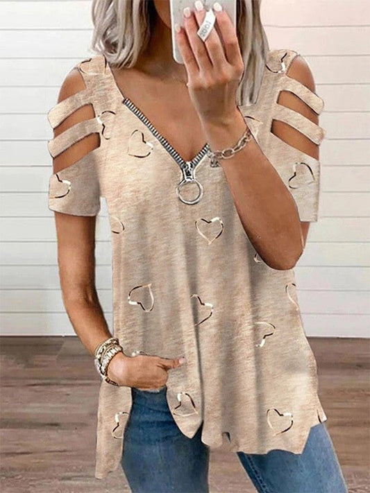 Women's Blouse – Relaxed A-line Fit – V-neck with Zipper – Heart Print – Shoulder Details