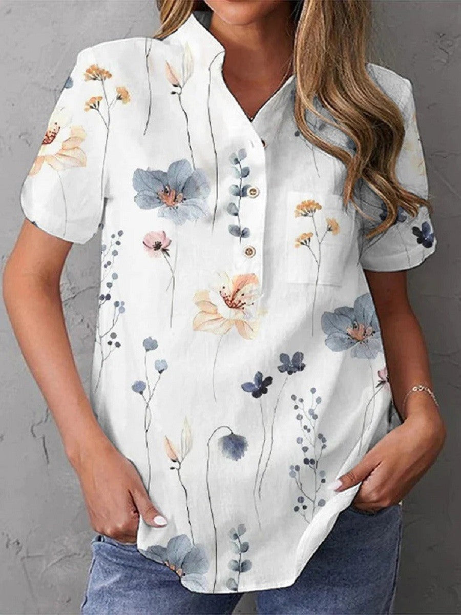 Women's Blouse – Floral Print – V-Neck – Short-Sleeved – Relaxed Fit – Breathable Natural Fiber