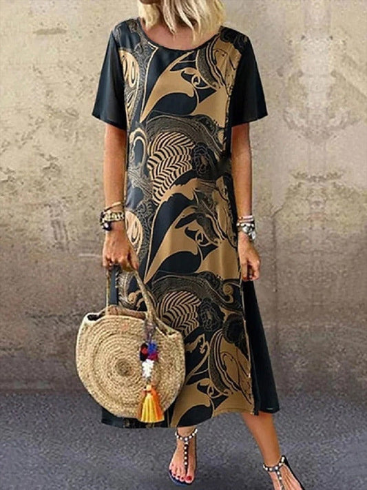 Women's midi dress – relaxed fit – short sleeve – round neck – artistic print