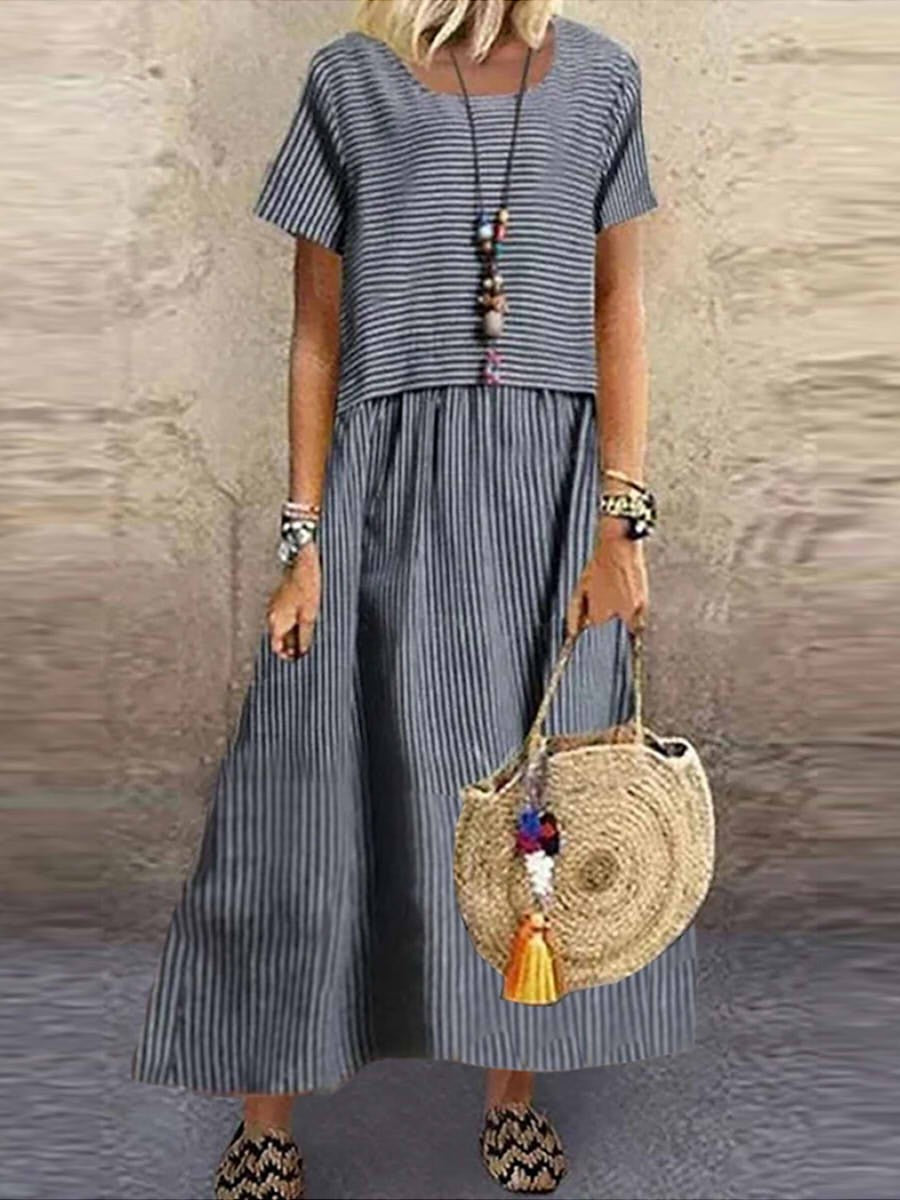 Women's maxi dress – loose fit – striped design – short sleeve – breathable blend