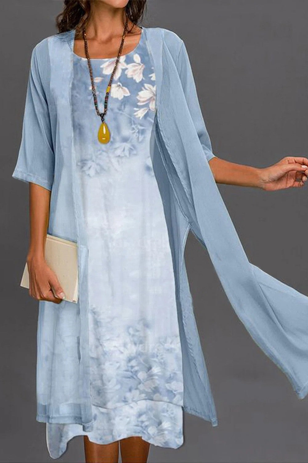 Women's Midi Dress – Relaxed Fit – Floral Print – Half Sleeves – Layered Lightweight Fabric