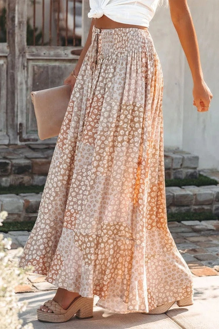 Women's Maxi Skirt – Elastic Waist – Floral Print – Button Closure – Loose Fit