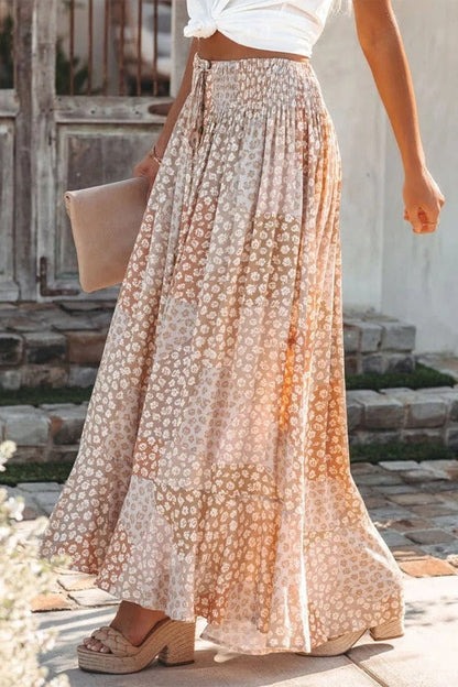 Women's Maxi Skirt – Elastic Waist – Floral Print – Button Closure – Loose Fit