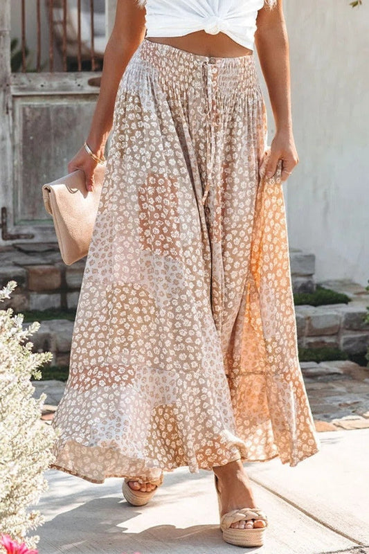 Women's Maxi Skirt – Elastic Waist – Floral Print – Button Closure – Loose Fit