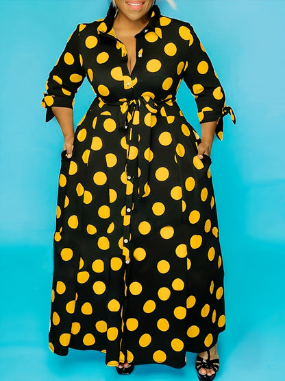 Women's Maxi Dress - Polka Dot Pattern - Button Closure - Waist Tie - 3/4 Sleeves