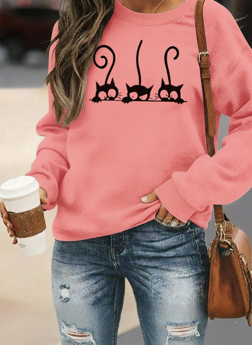 Women's Sweatshirt – Relaxed Oversized Fit – Soft Cotton Blend – Cat Print