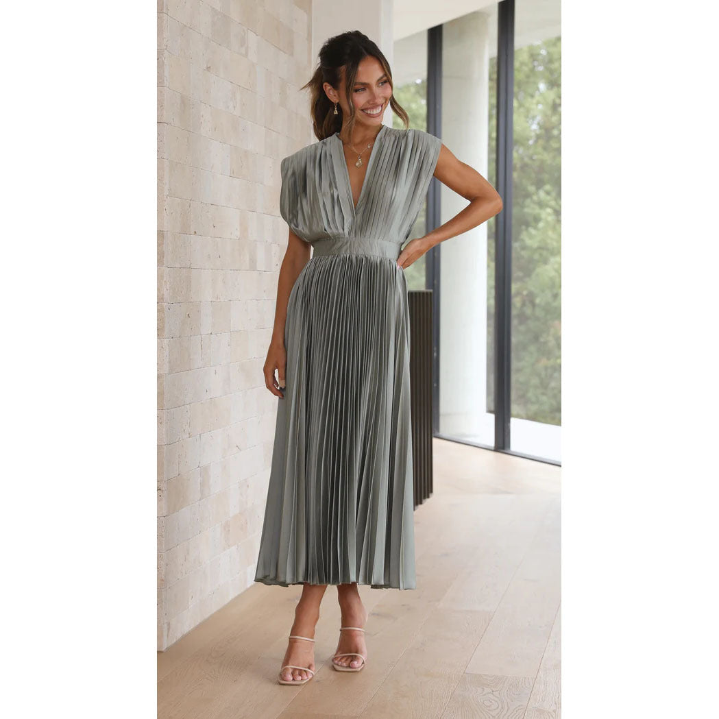 Dame Maxi Kjole - Elegant V-Hals - Plisseret Design - Flatterende Taljesnit