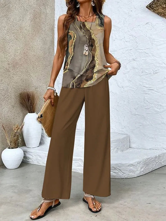 Women's Set – Sleeveless Top with Abstract Print – Airy Wide-Leg Pants – Light and Comfortable