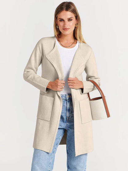 Women's Coat – Relaxed Fit – Knee Length – Wide Lapels – Minimalist Design